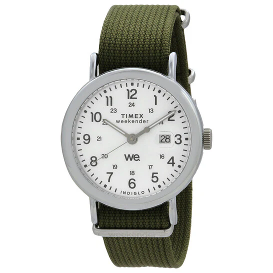 TIMEX TW2W86000 TIMEX Weekender 40mm Watch - 1-Year Warranty, White Dial, Moss Green Strap - Genuine Product