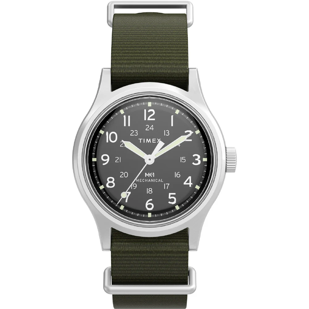 TIMEX TW2Y07900 MK1 Handwind 1-Year Warranty Black Dial Durable Khaki Green Strap Classic Design