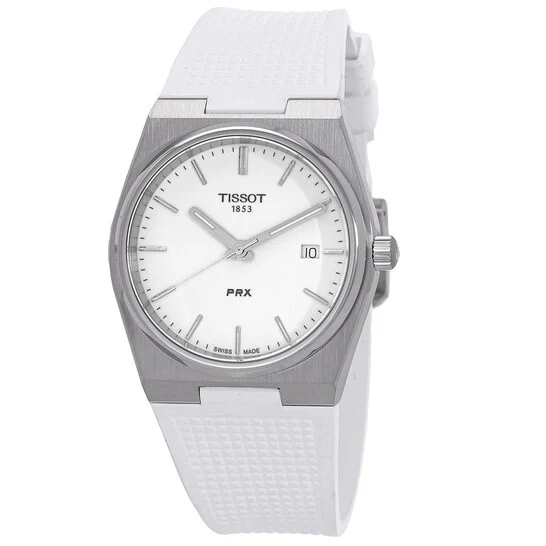TISSOT T1374101701100 PRX Quartz Watch with White Dial and Rubber Strap