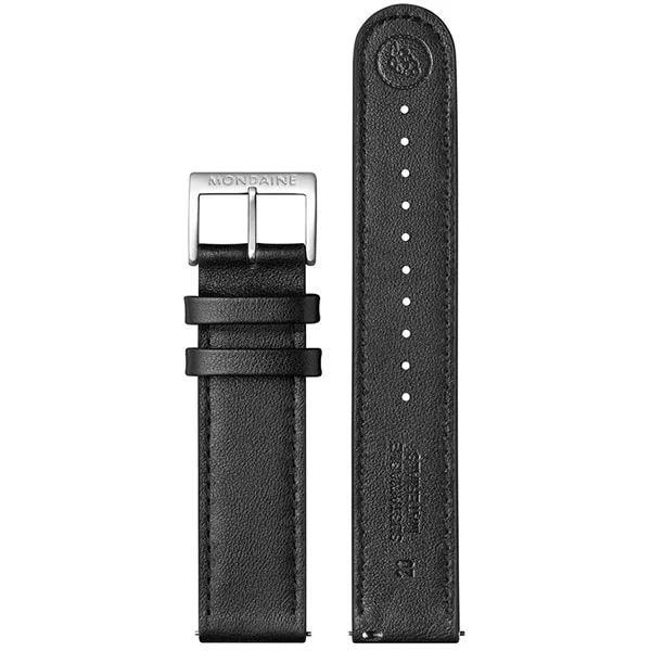 Watch Band FG25320 20mm Black Leather Strap with White Stitching Comfortable Fit Stylish Matte Buckle